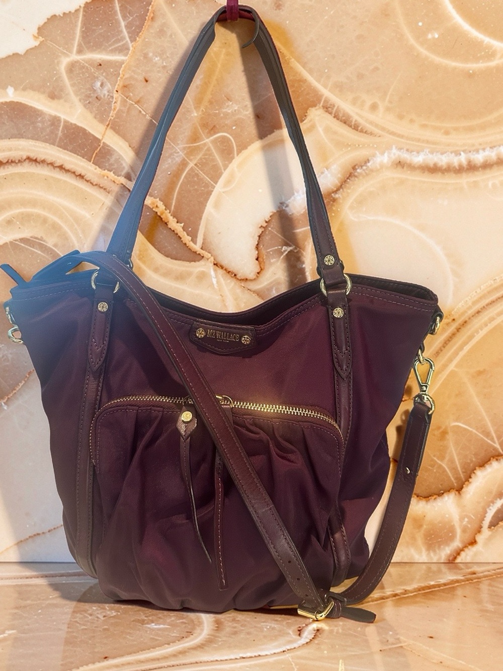 MZ Wallace Nikki Bedford Nylon Tote Leather Trim Crossbody Strap Gold Hardware